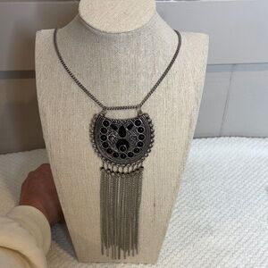 Boho Pendant Fringe Necklace Black Inlay Accents Silver Metal Statement Tassel
